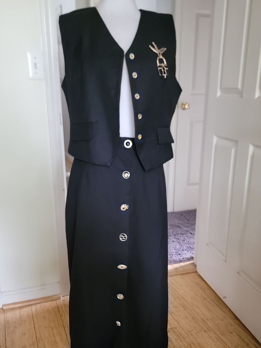 Inspired Black Women's Button-Front Skirt and Vest Set